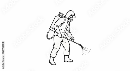 Person in protective gear spraying liquid from a backpack unit