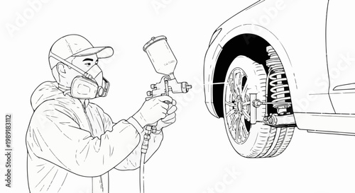 Person in protective gear spray painting a car wheel and suspension system