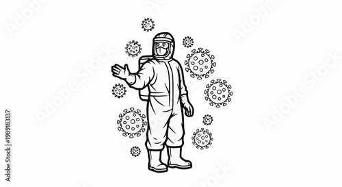 Person in protective suit surrounded by virus particles