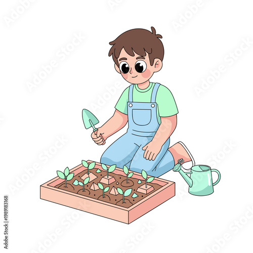 Adolescent boy kneeling and planting seeds in a school garden   