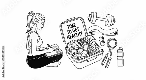 Person writing with healthy food, fitness gear, and encouraging message