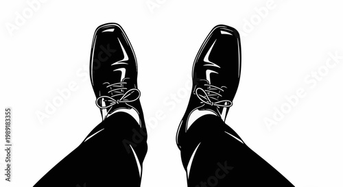 Person's legs and feet in shiny black dress shoes, view from above