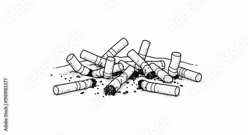 Pile of discarded cigarette butts, some smoldering, on a white background