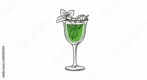 Refreshing green beverage in a stemmed glass with mint and lemon