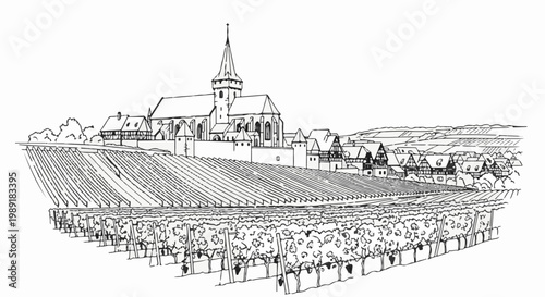 Picturesque village with a grand church and sprawling vineyards in the foreground