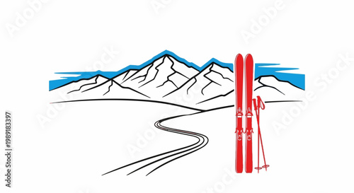Red skis stand by snowy mountain range with blue sky and winding track
