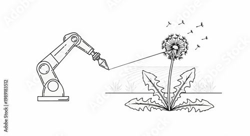Robotic arm interacts with dandelion seeds blowing in the wind
