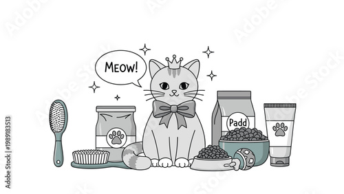Regal pet cat character wearing a crown and bow surrounded by various cat food bowls, treats, grooming brushes, and healthcare products.