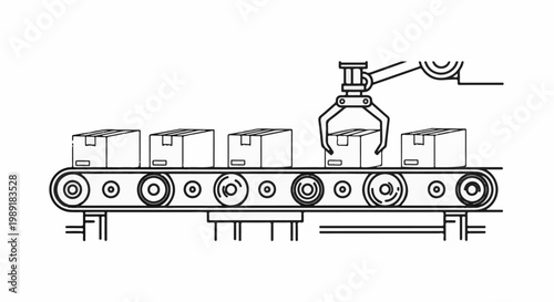 Robotic arm places boxes on a conveyor belt system in a warehouse