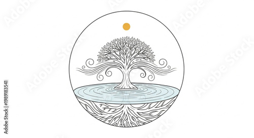 Tree of Life illustration with sun and water elements.