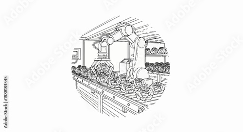 Robotic arm sorts fresh produce on an automated assembly line in a modern facility