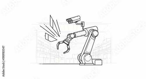 Robotic arm with camera in a warehouse sorting packages