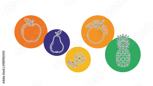 Variety of fruit icons including an apple, pear, orange, and pineapple are displayed in different colored circles.