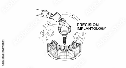 Robotic arm placing dental implant onto a model of teeth and jaw