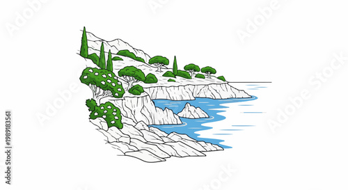 Rocky coast with cypress trees and blue water