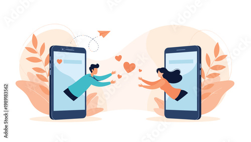 Man and woman reach out to each other from within their respective smartphone screens with hearts floating between them.