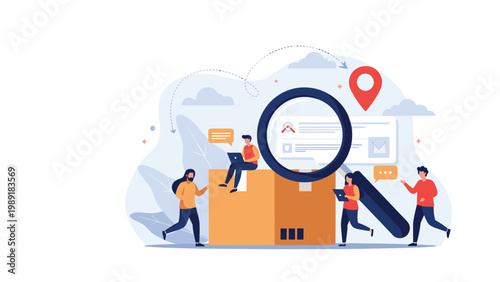 Efficient logistics and package tracking concept illustration showing team of workers managing delivery operations with a giant magnifying glass.