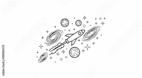 Rocket soaring through a starry galaxy with planets and swirling nebulae