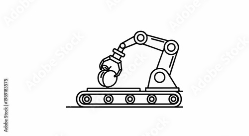 Robotic arm with gripper holding sphere on conveyor belt