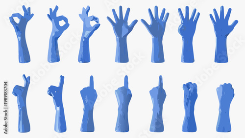 A collection of blue stylized hands displaying various hand gestures and signs
