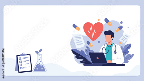 Professional doctor working on a laptop computer with heart rate medical symbols and healthcare icons in the background.