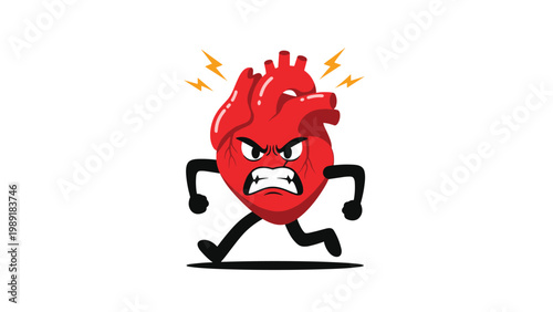 Furious anatomical heart cartoon character running with clenched fists and lightning bolts expressing anger and high blood pressure.