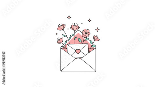 Delicate pink flowers emerging from white envelopes with small hearts and stars in a romantic and poetic illustration.