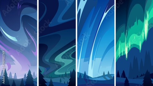 A series of four vertical panels depicting abstract aurora borealis landscapes