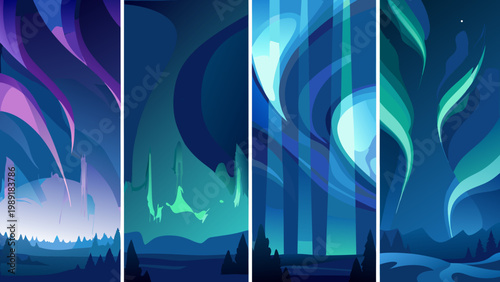 A vibrant illustration depicts four panels of colorful aurora borealis displays over dark landscapes
