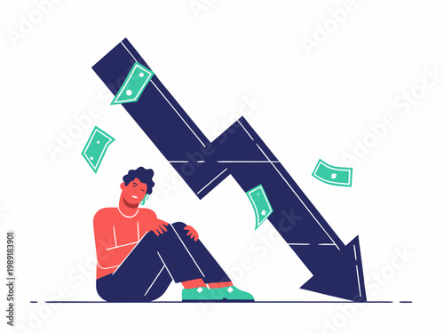 A person sits dejected as money falls around a large downward pointing arrow