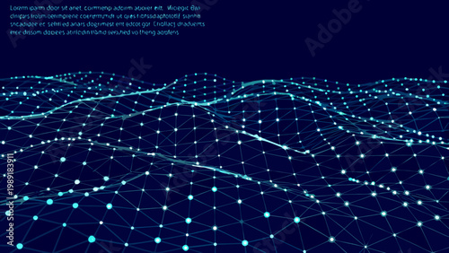 Abstract digital landscape featuring glowing blue lines and connected nodes on a dark background