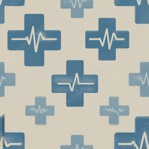 Seamless pattern of blue cross symbols with white heartbeat lines on light beige background.