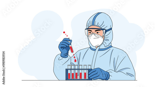 Scientist wearing protective suit mask and goggles conducting blood tests in a laboratory with test tubes and red drops.