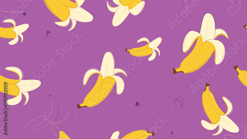 Seamless vibrant pattern featuring numerous yellow bananas partially peeled against a bright purple background for fun design.