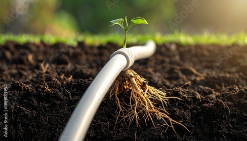 Small plant sprout growing through a grey irrigation hose with visible roots in dark soil, concept of smart agriculture and sustainable farming