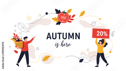 Cheerful man and woman celebrating the fall season with a harvest basket and a sale sign under the text autumn is here.