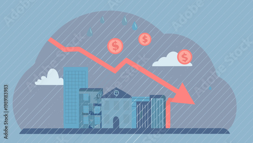 A declining financial chart overlays a cityscape under rainy gloomy weather conditions