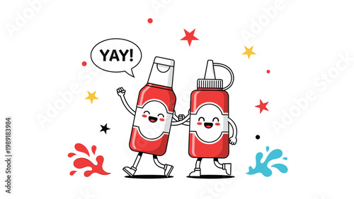 Happy cartoon ketchup and mustard bottles characters dancing together with high five and speech bubble saying yay.