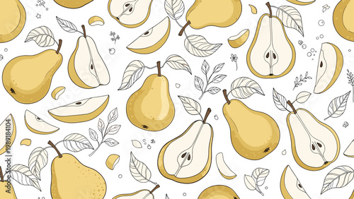 Seamless pattern featuring various whole and sliced yellow pears with leaves and branches on a white background for fabric design.