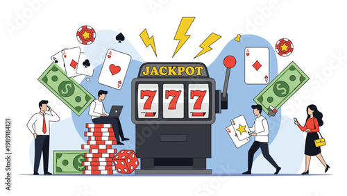 Online casino and gambling entertainment concept showing people playing games near a giant jackpot slot machine with cards and money bills.