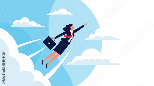 Successful businesswoman in a formal suit flying through the clouds like a superhero representing career ambition and fast business growth.