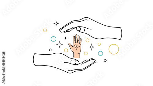 Colorful conceptual illustration of two adult hands gently sheltering a smaller childs hand surrounded by magical stars and floating bubbles.