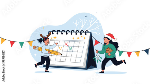 Two happy girls in Christmas costumes marking dates on a large calendar with festive decorations and mistletoe for the holidays.