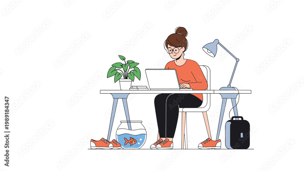 Fototapeta premium Woman wearing glasses and an orange shirt working on her laptop at a desk with a plant, lamp, and a goldfish in a fishbowl.
