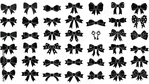 Symmetrical grid of various black silhouette ribbon bows with different patterns and a pair of crossed keys in the center.