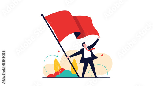 Determined businessman in a formal suit standing proudly while holding a large red flag representing leadership and conquering challenges.
