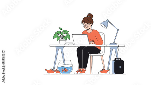 Woman wearing glasses and an orange shirt working on her laptop at a desk with a plant, lamp, and a goldfish in a fishbowl.