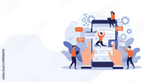 Small people interact with a giant smartphone interface featuring social media posts and likes on a light blue background.