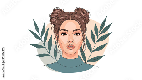 Portrait of a beautiful woman with her hair in two buns is framed by green leaves on a soft pastel circle background.