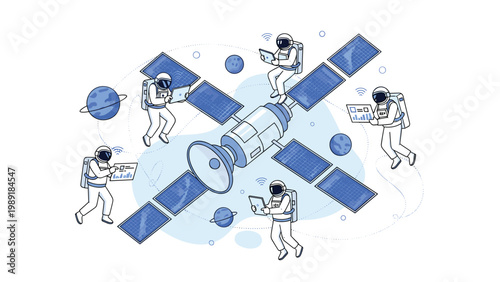 Team of astronauts in space suits performing maintenance on a large satellite with solar panels floating in a starry sky.